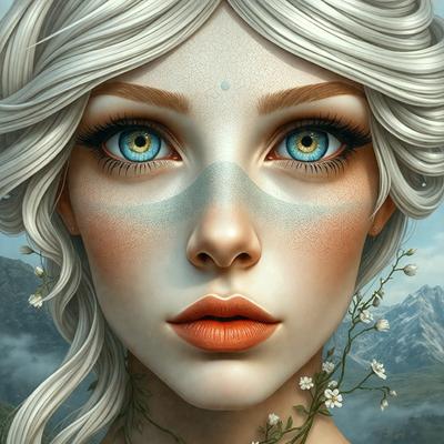 The primary subject of the image is a woman with white hair and blue eyes. She is wearing makeup and has a flower in her hair. The setting is a mountainous background, which adds to the overall atmosphere of the image. The visual style is a digital art or illustration, creating a vivid and detailed representation of the woman. The colors and mood of the image are predominantly white and blue, giving it a serene and peaceful appearance.